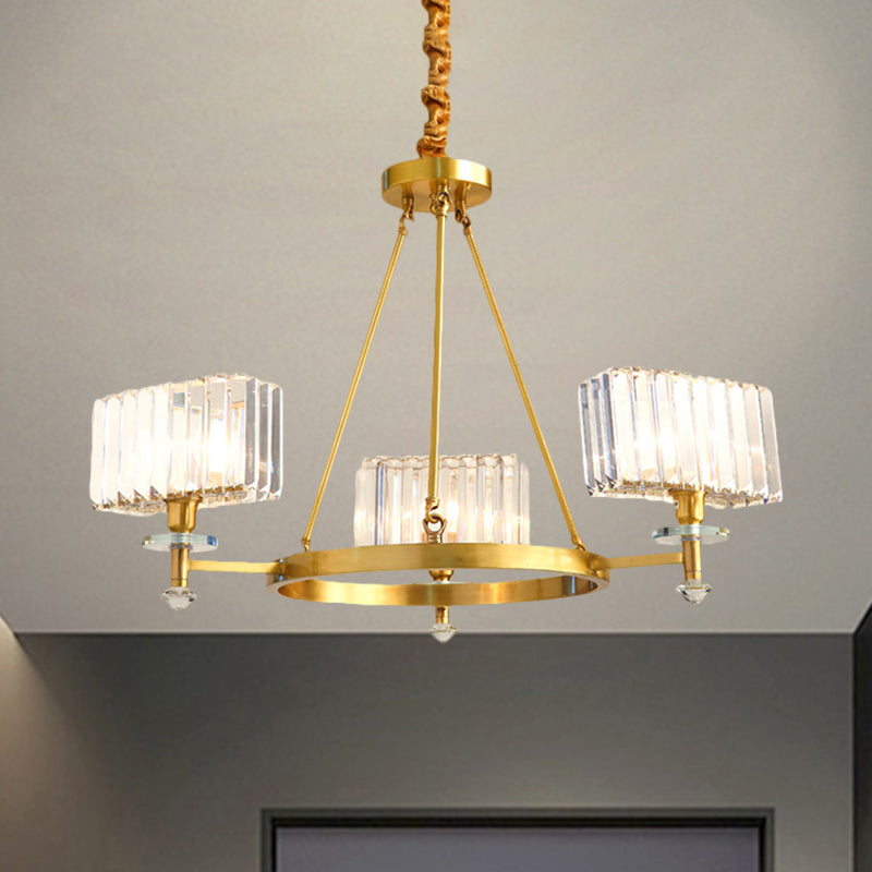 3/6 Bulbs Suspension Lighting Contemporary Cuboid Crystal Pendant Chandelier in Gold Clearhalo 'Ceiling Lights' 'Chandeliers' 'Modern Chandeliers' 'Modern' Lighting' 1391996
