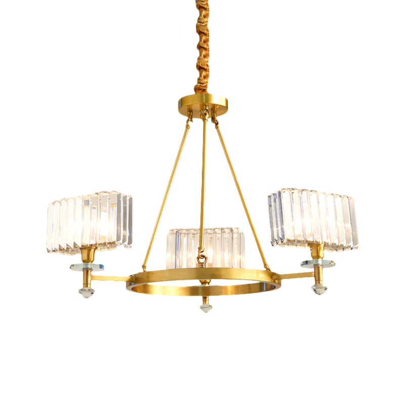 3/6 Bulbs Suspension Lighting Contemporary Cuboid Crystal Pendant Chandelier in Gold Clearhalo 'Ceiling Lights' 'Chandeliers' 'Modern Chandeliers' 'Modern' Lighting' 1391997