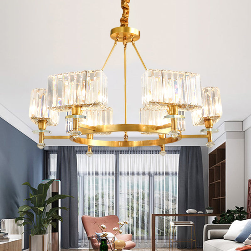 3/6 Bulbs Suspension Lighting Contemporary Cuboid Crystal Pendant Chandelier in Gold 6 Gold Clearhalo 'Ceiling Lights' 'Chandeliers' 'Modern Chandeliers' 'Modern' Lighting' 1391999