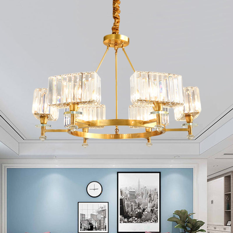 3/6 Bulbs Suspension Lighting Contemporary Cuboid Crystal Pendant Chandelier in Gold Clearhalo 'Ceiling Lights' 'Chandeliers' 'Modern Chandeliers' 'Modern' Lighting' 1392000