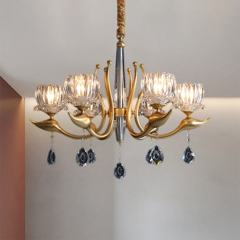 Swirling Arms Crystal Floral Pendant Lighting Modern 6/8 Bulbs Dinning Room Chandelier with Crystal Draping 6 Gold Clearhalo 'Ceiling Lights' 'Chandeliers' 'Modern Chandeliers' 'Modern' Lighting' 1392008