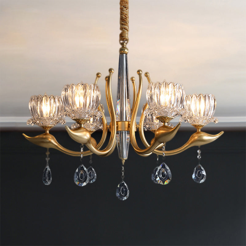Swirling Arms Crystal Floral Pendant Lighting Modern 6/8 Bulbs Dinning Room Chandelier with Crystal Draping Clearhalo 'Ceiling Lights' 'Chandeliers' 'Modern Chandeliers' 'Modern' Lighting' 1392009
