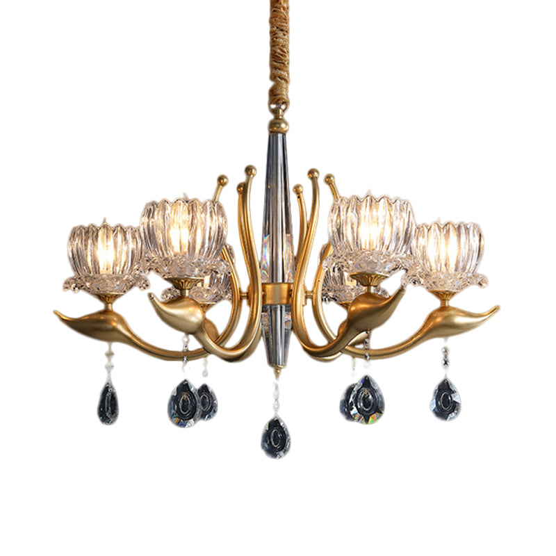 Swirling Arms Crystal Floral Pendant Lighting Modern 6/8 Bulbs Dinning Room Chandelier with Crystal Draping Clearhalo 'Ceiling Lights' 'Chandeliers' 'Modern Chandeliers' 'Modern' Lighting' 1392010