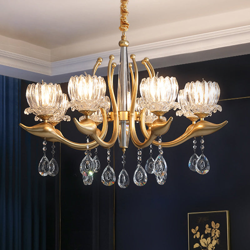 Swirling Arms Crystal Floral Pendant Lighting Modern 6/8 Bulbs Dinning Room Chandelier with Crystal Draping 8 Gold Clearhalo 'Ceiling Lights' 'Chandeliers' 'Modern Chandeliers' 'Modern' Lighting' 1392012