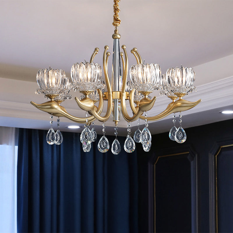 Swirling Arms Crystal Floral Pendant Lighting Modern 6/8 Bulbs Dinning Room Chandelier with Crystal Draping Clearhalo 'Ceiling Lights' 'Chandeliers' 'Modern Chandeliers' 'Modern' Lighting' 1392013