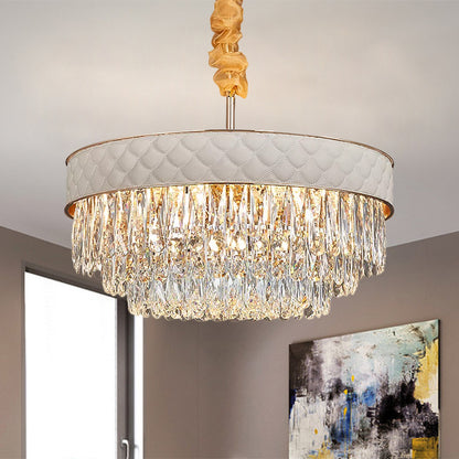 White 9/15 Heads Chandelier Light Contemporary Crystal Raindrops Drum Ceiling Pendant, 19.5"/23.5" Wide White Clearhalo 'Ceiling Lights' 'Chandeliers' 'Modern Chandeliers' 'Modern' Lighting' 1392017