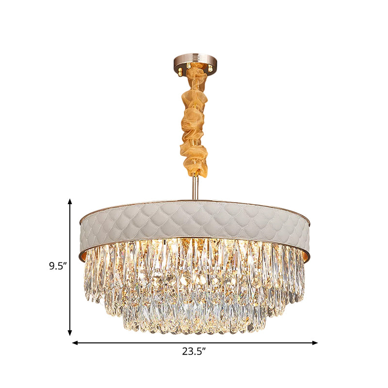 White 9/15 Heads Chandelier Light Contemporary Crystal Raindrops Drum Ceiling Pendant, 19.5"/23.5" Wide Clearhalo 'Ceiling Lights' 'Chandeliers' 'Modern Chandeliers' 'Modern' Lighting' 1392021