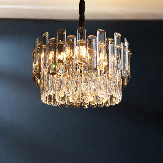 Clear Drum Suspension Lamp Modern Crystal Prismatic 6 Bulbs Dinning Hall Chandelier Light Fixture Clearhalo 'Ceiling Lights' 'Chandeliers' 'Clear' 'Industrial' 'Modern Chandeliers' 'Modern' 'Tiffany' 'Traditional Chandeliers' Lighting' 1392023
