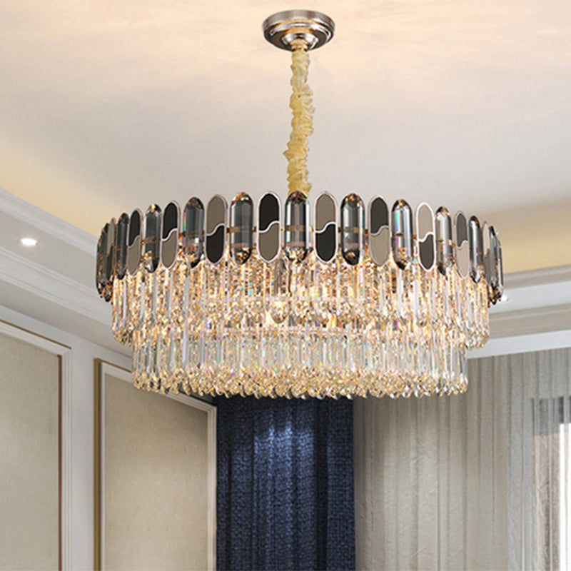 Modernist Tiered Round Ceiling Suspension Lamp 11 Bulbs Clear Crystal Chandelier Lighting Fixture Clear Clearhalo 'Ceiling Lights' 'Chandeliers' 'Clear' 'Industrial' 'Modern Chandeliers' 'Modern' 'Tiffany' 'Traditional Chandeliers' Lighting' 1392030
