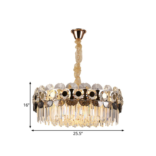 12 Bulbs Clear Crystal Prismatic Chandelier Contemporary Gold Round Living Room Hanging Light Clearhalo 'Ceiling Lights' 'Chandeliers' 'Clear' 'Industrial' 'Modern Chandeliers' 'Modern' 'Tiffany' 'Traditional Chandeliers' Lighting' 1392037
