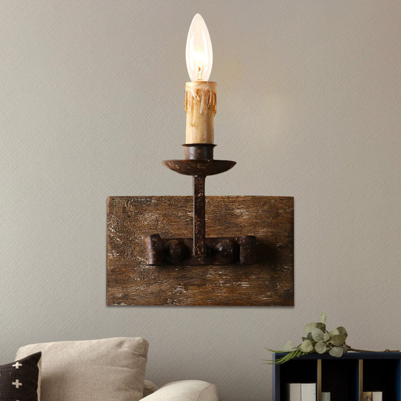 Rustic Style Candelabra Wall Light Fixture 1/2/3-Bulb Metallic Wall Mount Lamp in Brown with Rectangle Wood Backplate 1.0 Brown Clearhalo 'Wall Lamps & Sconces' 'Wall Lights' Lighting' 1392042
