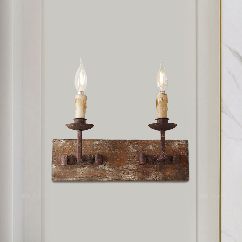 Rustic Style Candelabra Wall Light Fixture 1/2/3-Bulb Metallic Wall Mount Lamp in Brown with Rectangle Wood Backplate 2.0 Brown Clearhalo 'Wall Lamps & Sconces' 'Wall Lights' Lighting' 1392046