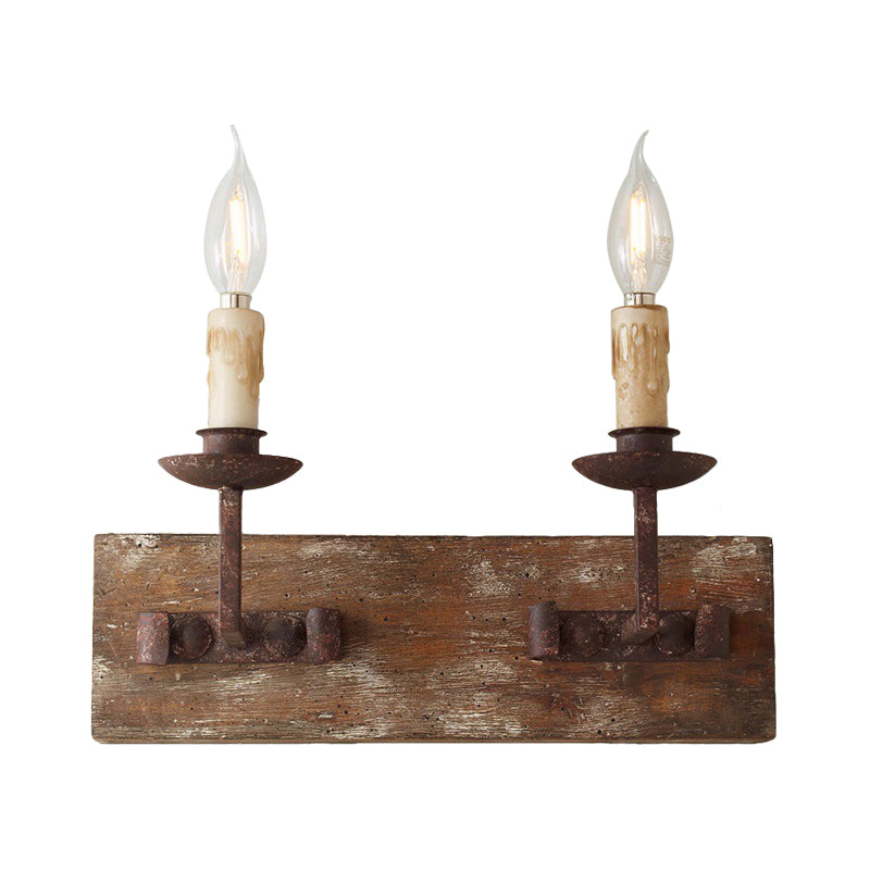 Rustic Style Candelabra Wall Light Fixture 1/2/3-Bulb Metallic Wall Mount Lamp in Brown with Rectangle Wood Backplate Clearhalo 'Wall Lamps & Sconces' 'Wall Lights' Lighting' 1392048