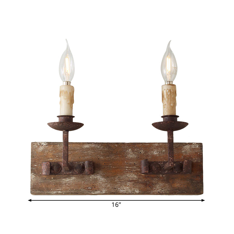 Rustic Style Candelabra Wall Light Fixture 1/2/3-Bulb Metallic Wall Mount Lamp in Brown with Rectangle Wood Backplate Clearhalo 'Wall Lamps & Sconces' 'Wall Lights' Lighting' 1392050