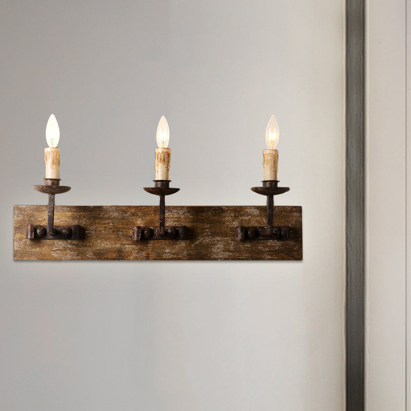 Rustic Style Candelabra Wall Light Fixture 1/2/3-Bulb Metallic Wall Mount Lamp in Brown with Rectangle Wood Backplate 3.0 Brown Clearhalo 'Wall Lamps & Sconces' 'Wall Lights' Lighting' 1392051