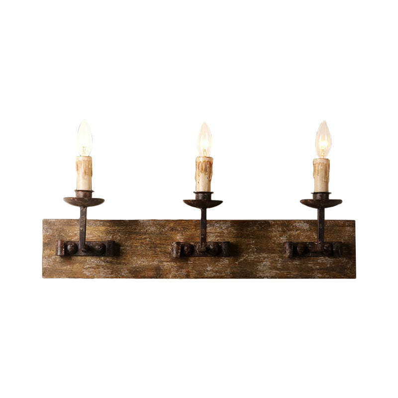 Rustic Style Candelabra Wall Light Fixture 1/2/3-Bulb Metallic Wall Mount Lamp in Brown with Rectangle Wood Backplate Clearhalo 'Wall Lamps & Sconces' 'Wall Lights' Lighting' 1392054