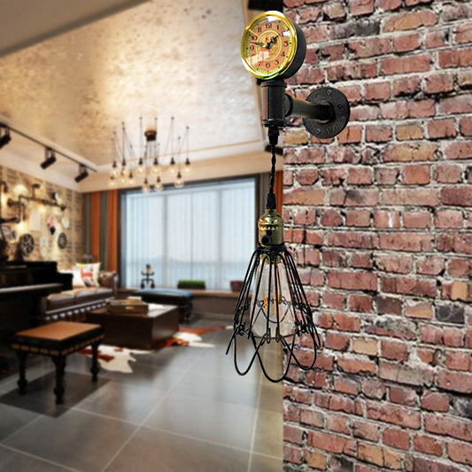 1 Bulb Metal Wall Hanging Light Farmhouse Aged Brass/Black Wire Frame Corridor Sconce Lighting with Gauge Black Clearhalo 'Art deco wall lights' 'Cast Iron' 'Glass' 'Industrial wall lights' 'Industrial' 'Middle century wall lights' 'Modern' 'Rustic wall lights' 'Tiffany' 'Traditional wall lights' 'Wall Lamps & Sconces' 'Wall Lights' Lighting' 139206