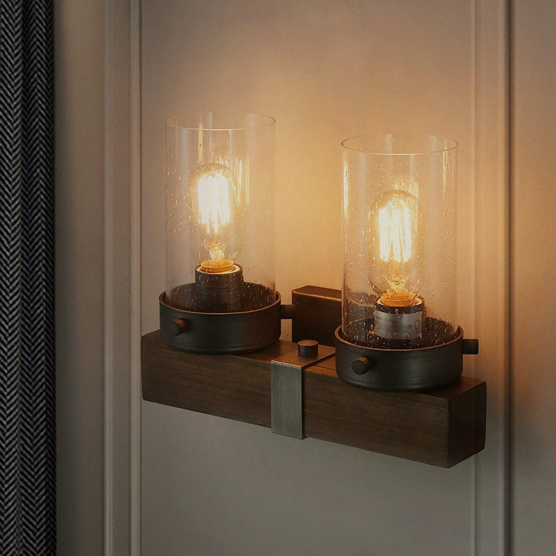 Countryside Cylindrical Wall Sconce Light 1/2-Light Clear Glass Wall Mount Lamp Fixture in Brown 2.0 Brown Clearhalo 'Wall Lamps & Sconces' 'Wall Lights' Lighting' 1392073