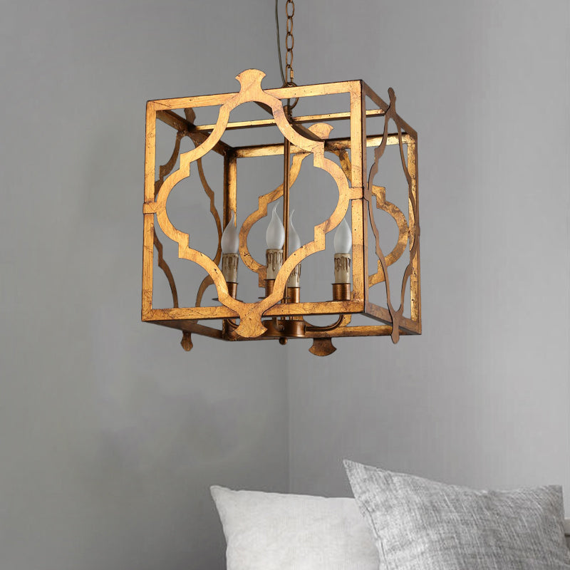 Antiqued Cube Cage Ceiling Chandelier 4 Lights Metal Candelabra Hanging Light Fixture in Brown Brown Clearhalo 'Ceiling Lights' 'Chandeliers' Lighting' options 1392115_7ce4ed90-6f9a-4f88-8c98-13c2ac7cc972