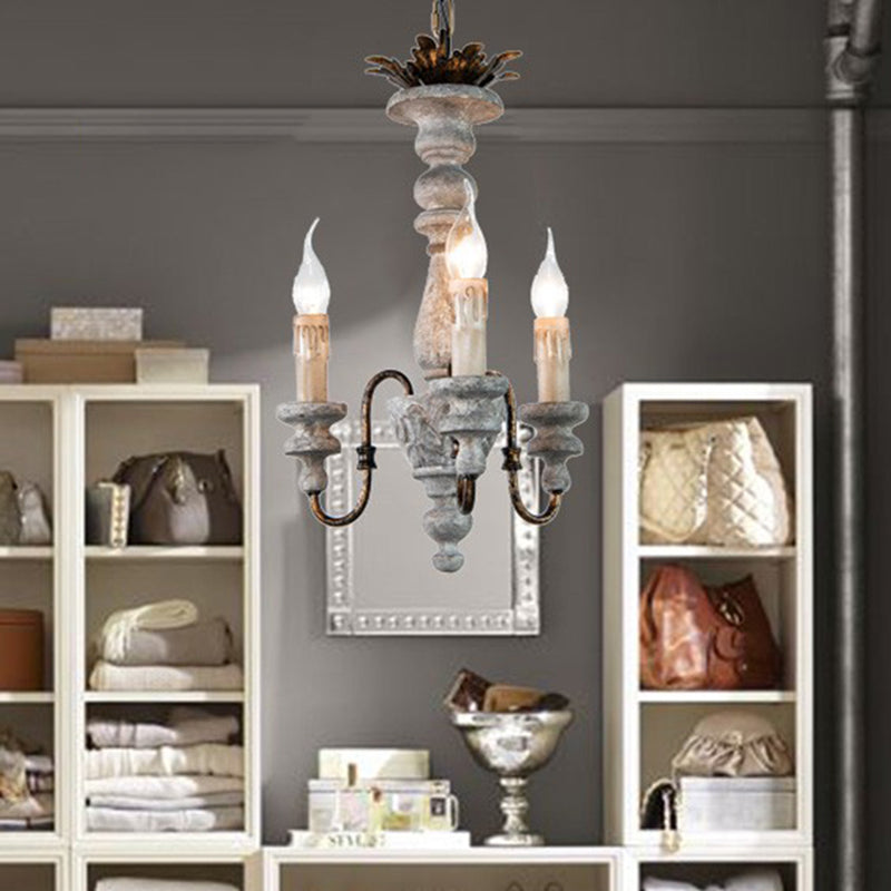 Grey Finish 3 Bulbs Hanging Chandelier Countryside Wood Candle Ceiling Suspension Light Clearhalo 'Ceiling Lights' 'Chandeliers' Lighting' options 1392119