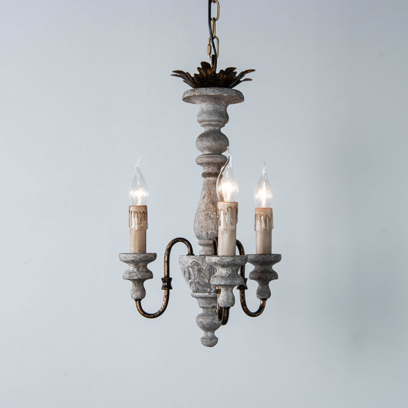 Grey Finish 3 Bulbs Hanging Chandelier Countryside Wood Candle Ceiling Suspension Light Clearhalo 'Ceiling Lights' 'Chandeliers' Lighting' options 1392121