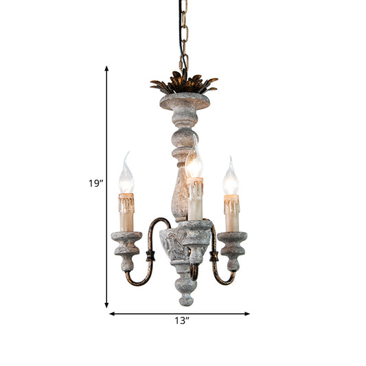 Grey Finish 3 Bulbs Hanging Chandelier Countryside Wood Candle Ceiling Suspension Light Clearhalo 'Ceiling Lights' 'Chandeliers' Lighting' options 1392122