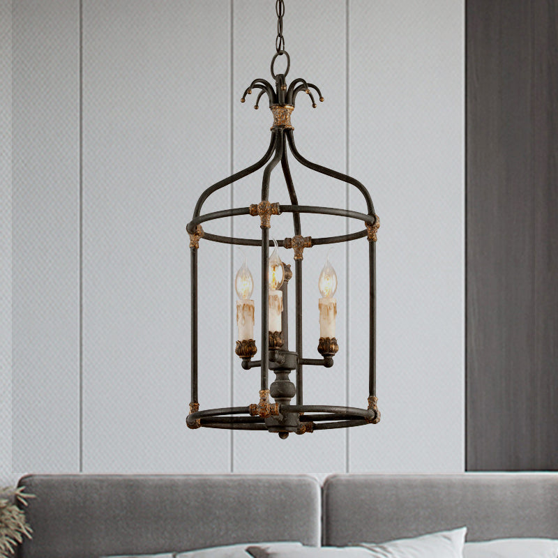 Birdcage Living Room Chandelier Lighting Rustic Metallic 3-Bulb Black and Gold Pendant Lamp Clearhalo 'Ceiling Lights' 'Chandeliers' Lighting' options 1392123
