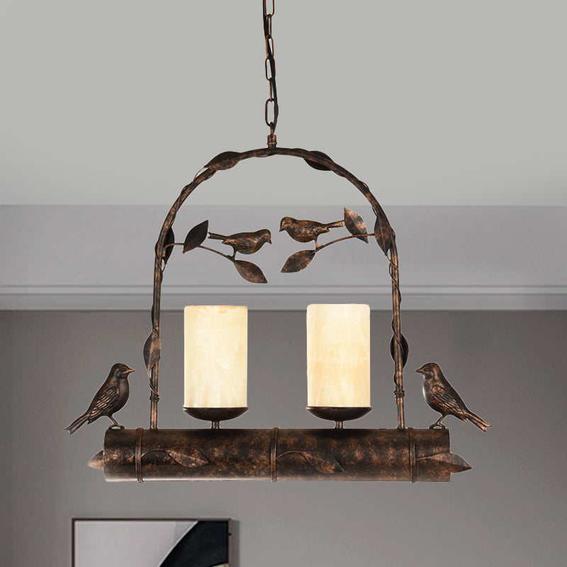 2 Lights Pendant Chandelier Vintage Bird Cage Metal Hanging Lamp Kit with Cylinder Opal Glass Shade in Antique Black Clearhalo 'Ceiling Lights' 'Chandeliers' Lighting' options 1392127