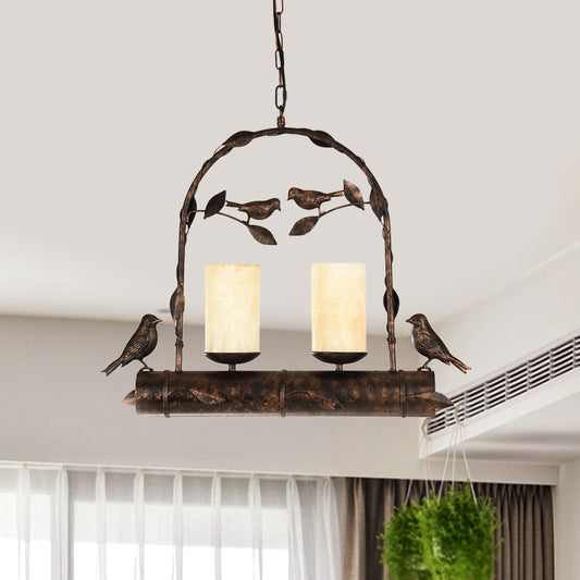 2 Lights Pendant Chandelier Vintage Bird Cage Metal Hanging Lamp Kit with Cylinder Opal Glass Shade in Antique Black Clearhalo 'Ceiling Lights' 'Chandeliers' Lighting' options 1392128