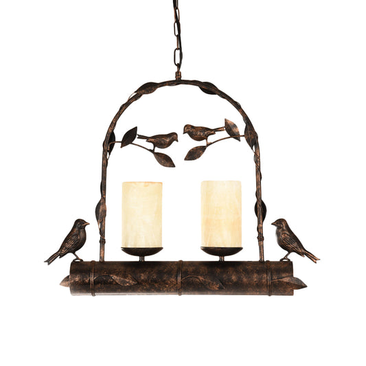2 Lights Pendant Chandelier Vintage Bird Cage Metal Hanging Lamp Kit with Cylinder Opal Glass Shade in Antique Black Clearhalo 'Ceiling Lights' 'Chandeliers' Lighting' options 1392129