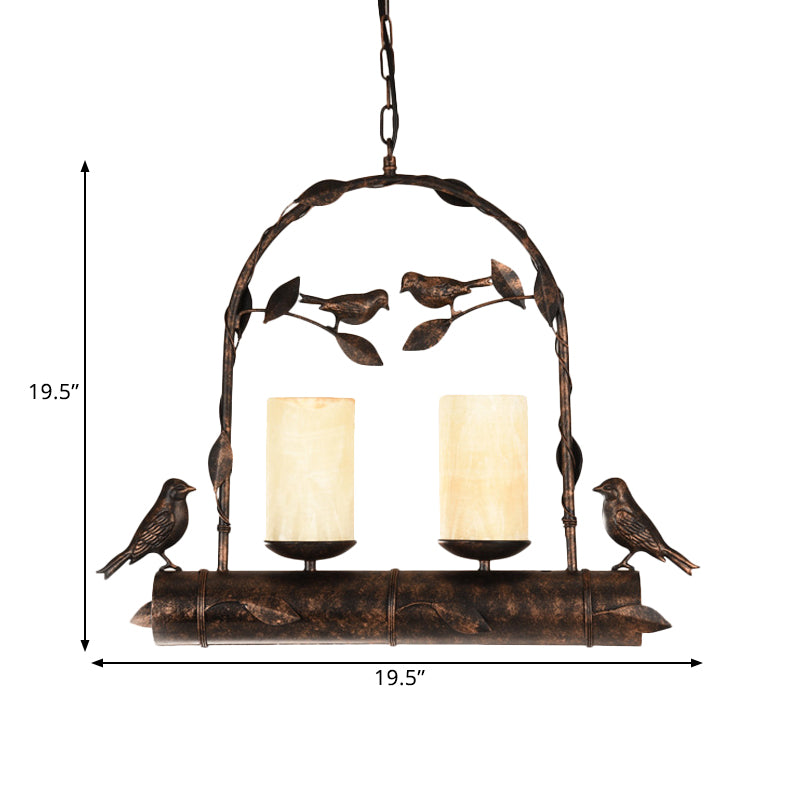 2 Lights Pendant Chandelier Vintage Bird Cage Metal Hanging Lamp Kit with Cylinder Opal Glass Shade in Antique Black Clearhalo 'Ceiling Lights' 'Chandeliers' Lighting' options 1392130