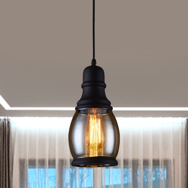 Industrial Jar-Shape Pendant Light Kit 1 Head Clear Glass Ceiling Hang Fixture in Black Clearhalo 'Ceiling Lights' 'Close To Ceiling Lights' 'Glass shade' 'Glass' 'Industrial Pendants' 'Industrial' 'Middle Century Pendants' 'Pendant Lights' 'Pendants' 'Tiffany' Lighting' 1392136