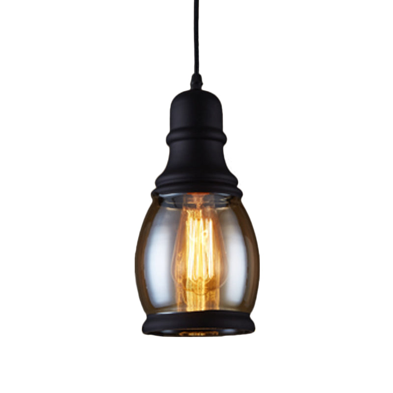 Industrial Jar-Shape Pendant Light Kit 1 Head Clear Glass Ceiling Hang Fixture in Black Clearhalo 'Ceiling Lights' 'Close To Ceiling Lights' 'Glass shade' 'Glass' 'Industrial Pendants' 'Industrial' 'Middle Century Pendants' 'Pendant Lights' 'Pendants' 'Tiffany' Lighting' 1392137