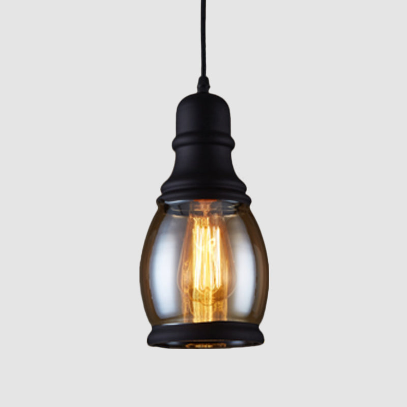 Industrial Jar-Shape Pendant Light Kit 1 Head Clear Glass Ceiling Hang Fixture in Black Clearhalo 'Ceiling Lights' 'Close To Ceiling Lights' 'Glass shade' 'Glass' 'Industrial Pendants' 'Industrial' 'Middle Century Pendants' 'Pendant Lights' 'Pendants' 'Tiffany' Lighting' 1392138