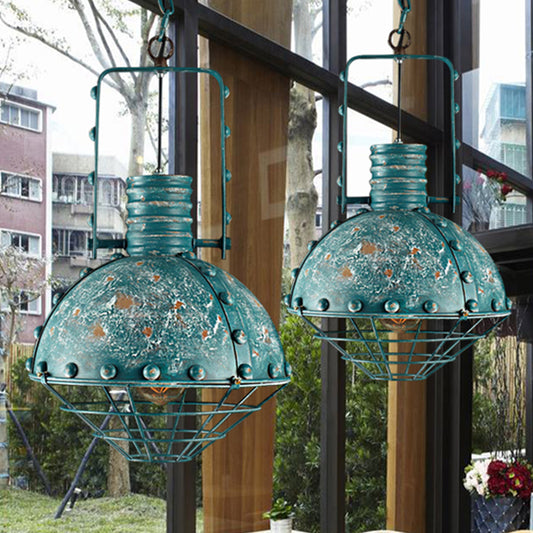 Wire Cage Metallic Down Lighting Rustic 1 Bulb Dining Room Handle Drop Pendant Lamp in Blue-Green Clearhalo 'Art Deco Pendants' 'Cast Iron' 'Ceiling Lights' 'Ceramic' 'Crystal' 'Industrial Pendants' 'Industrial' 'Metal' 'Middle Century Pendants' 'Pendant Lights' 'Pendants' 'Tiffany' Lighting' 1392146