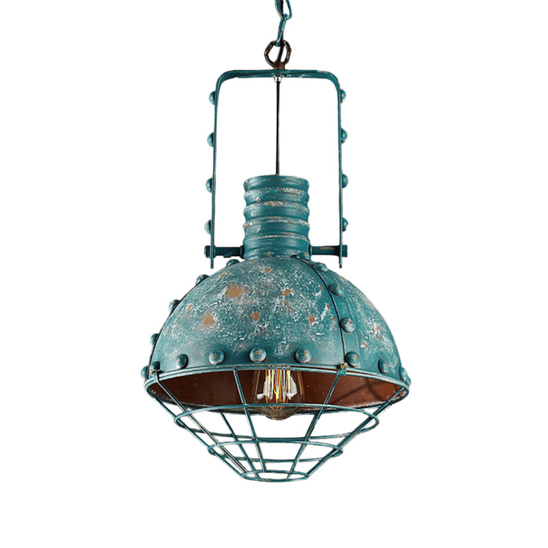 Wire Cage Metallic Down Lighting Rustic 1 Bulb Dining Room Handle Drop Pendant Lamp in Blue-Green Clearhalo 'Art Deco Pendants' 'Cast Iron' 'Ceiling Lights' 'Ceramic' 'Crystal' 'Industrial Pendants' 'Industrial' 'Metal' 'Middle Century Pendants' 'Pendant Lights' 'Pendants' 'Tiffany' Lighting' 1392147