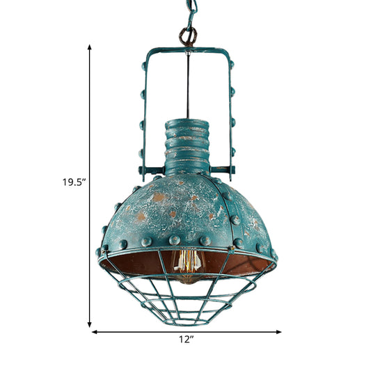 Wire Cage Metallic Down Lighting Rustic 1 Bulb Dining Room Handle Drop Pendant Lamp in Blue-Green Clearhalo 'Art Deco Pendants' 'Cast Iron' 'Ceiling Lights' 'Ceramic' 'Crystal' 'Industrial Pendants' 'Industrial' 'Metal' 'Middle Century Pendants' 'Pendant Lights' 'Pendants' 'Tiffany' Lighting' 1392148