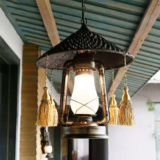 Coastal Style Lantern Shaped Pendulum Light 1-Bulb Metal Hanging Pendant Lamp in Bronze Bronze Clearhalo 'Art Deco Pendants' 'Cast Iron' 'Ceiling Lights' 'Ceramic' 'Crystal' 'Industrial Pendants' 'Industrial' 'Metal' 'Middle Century Pendants' 'Pendant Lights' 'Pendants' 'Tiffany' Lighting' 1392161
