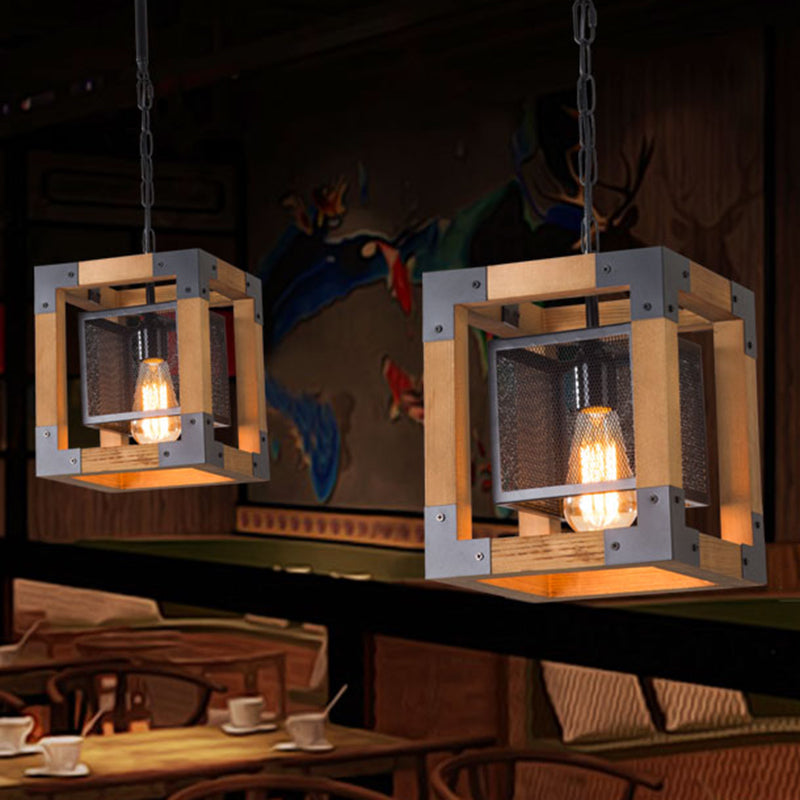 1 Light Hanging Lighting with Cube Frame Shade Wood Industrial Restaurant Pendant Lamp Wood Clearhalo 'Ceiling Lights' 'Industrial Pendants' 'Industrial' 'Middle Century Pendants' 'Pendant Lights' 'Pendants' 'Tiffany' Lighting' 1392169