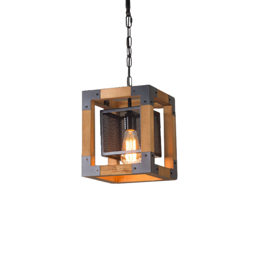 1 Light Hanging Lighting with Cube Frame Shade Wood Industrial Restaurant Pendant Lamp Clearhalo 'Ceiling Lights' 'Industrial Pendants' 'Industrial' 'Middle Century Pendants' 'Pendant Lights' 'Pendants' 'Tiffany' Lighting' 1392170