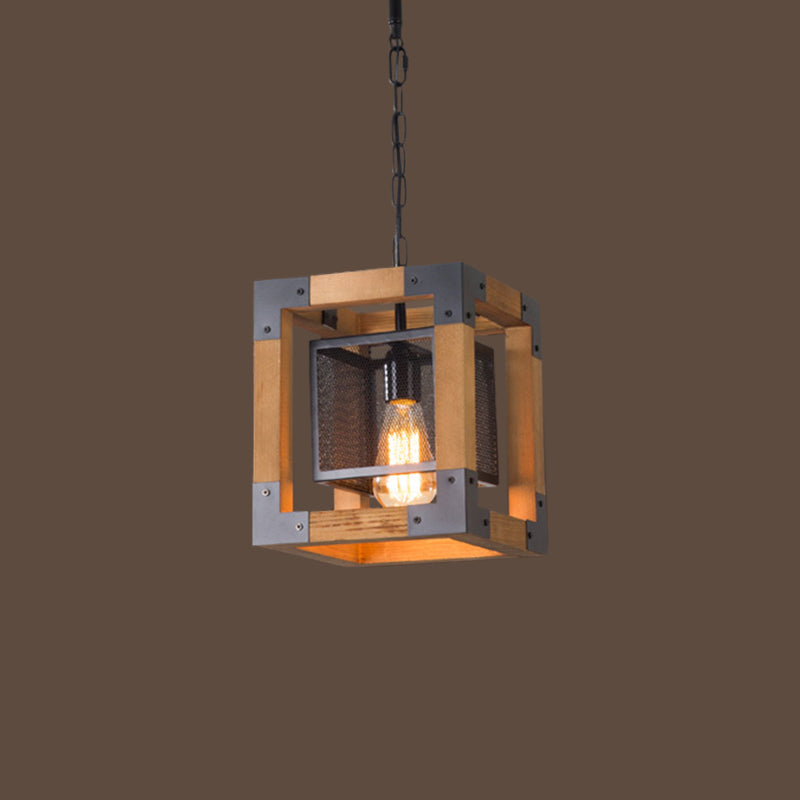 1 Light Hanging Lighting with Cube Frame Shade Wood Industrial Restaurant Pendant Lamp Clearhalo 'Ceiling Lights' 'Industrial Pendants' 'Industrial' 'Middle Century Pendants' 'Pendant Lights' 'Pendants' 'Tiffany' Lighting' 1392171
