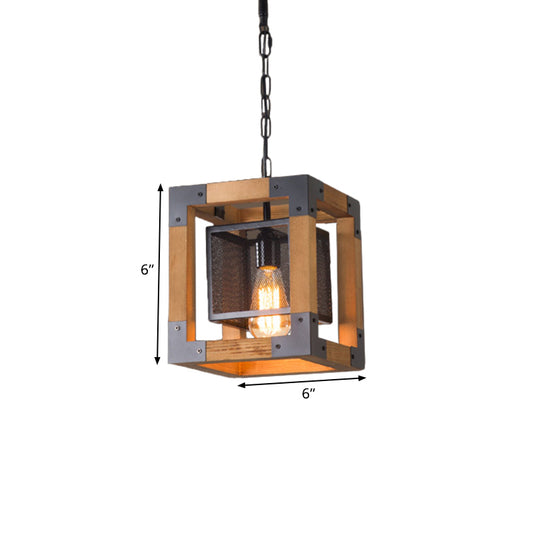 1 Light Hanging Lighting with Cube Frame Shade Wood Industrial Restaurant Pendant Lamp Clearhalo 'Ceiling Lights' 'Industrial Pendants' 'Industrial' 'Middle Century Pendants' 'Pendant Lights' 'Pendants' 'Tiffany' Lighting' 1392172