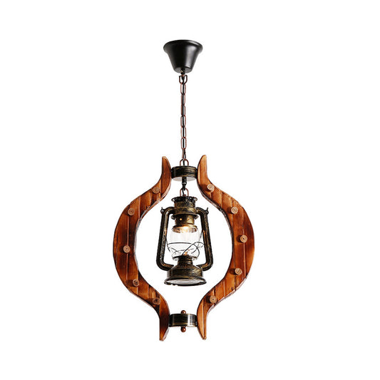 Bronze Kerosene Lamp Shape Pendant Coastal Style Metal 1 Light Bar Hanging Light with Wood Frame Clearhalo 'Art Deco Pendants' 'Cast Iron' 'Ceiling Lights' 'Ceramic' 'Crystal' 'Industrial Pendants' 'Industrial' 'Metal' 'Middle Century Pendants' 'Pendant Lights' 'Pendants' 'Tiffany' Lighting' 1392178