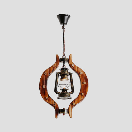 Bronze Kerosene Lamp Shape Pendant Coastal Style Metal 1 Light Bar Hanging Light with Wood Frame Clearhalo 'Art Deco Pendants' 'Cast Iron' 'Ceiling Lights' 'Ceramic' 'Crystal' 'Industrial Pendants' 'Industrial' 'Metal' 'Middle Century Pendants' 'Pendant Lights' 'Pendants' 'Tiffany' Lighting' 1392179