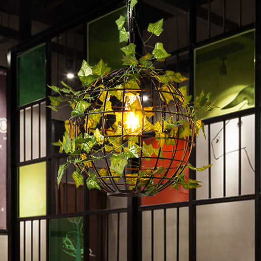 Industrial Style Globe Cage Ceiling Hang Fixture 1 Head Iron Pendulum Light with Artificial Plant Deco in Black Black Clearhalo 'Art Deco Pendants' 'Black' 'Cast Iron' 'Ceiling Lights' 'Ceramic' 'Crystal' 'Industrial Pendants' 'Industrial' 'Metal' 'Middle Century Pendants' 'Pendant Lights' 'Pendants' 'Rustic Pendants' 'Tiffany' Lighting' 1392181