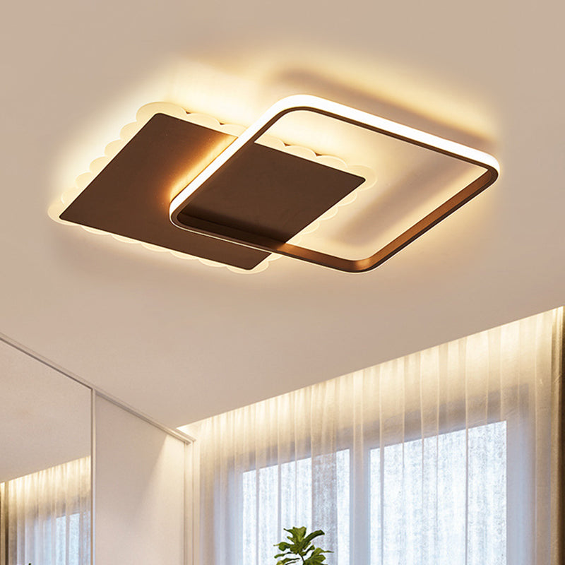 Squared Flush Mount Modernist Metal White/Coffee LED Close to Ceiling Lighting, Warm/White/Natural Light Clearhalo 'Ceiling Lights' 'Close To Ceiling Lights' 'Close to ceiling' 'Flush mount' Lighting' 1392345