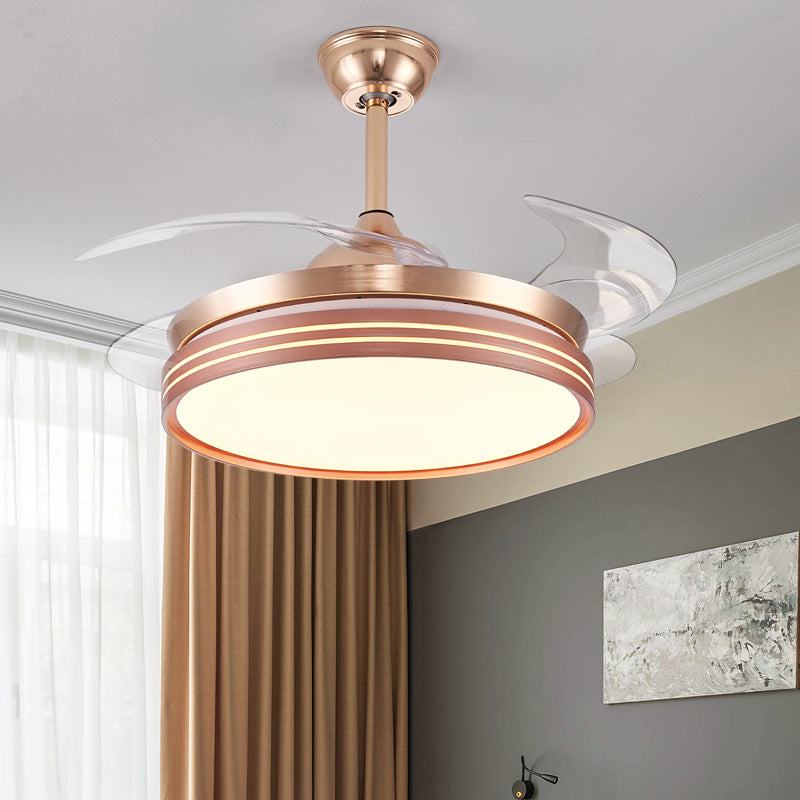 Drum 4 Blades Semi Flush Mount Lamp Modern Metal Coffee/White/Gold LED Hanging Fan Light, 42" Wide Gold Clearhalo 'Ceiling Fans with Lights' 'Ceiling Fans' 'Modern Ceiling Fans' 'Modern' Lighting' 1392463
