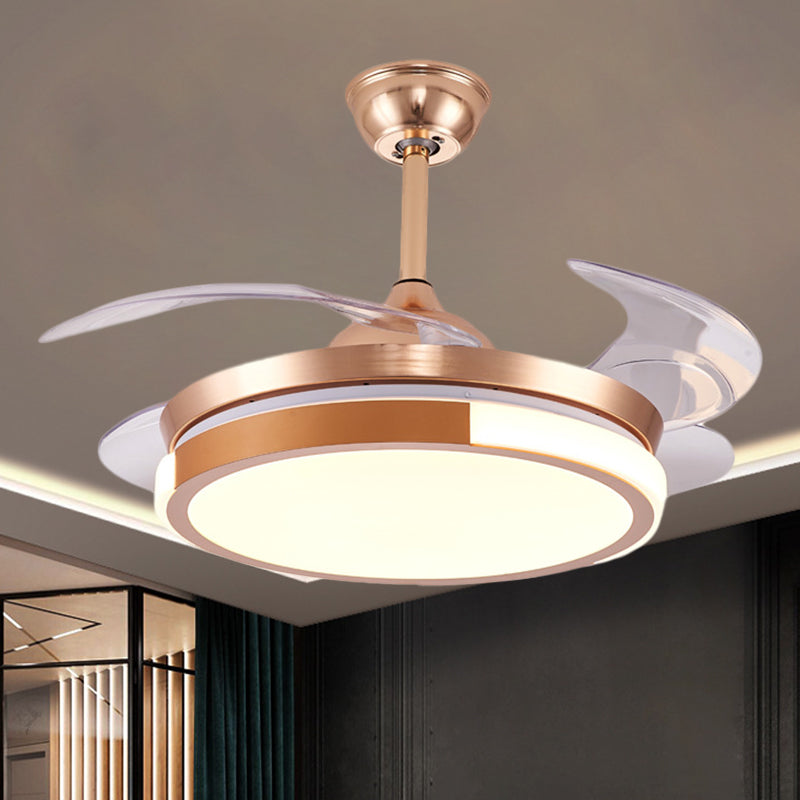Modernist Round Hanging Fan Light Metallic Living Room LED Semi Flush Mount in Brown/White/Gold with 4 Blades, 42" Wide Gold Clearhalo 'Ceiling Fans with Lights' 'Ceiling Fans' 'Modern Ceiling Fans' 'Modern' Lighting' 1392483