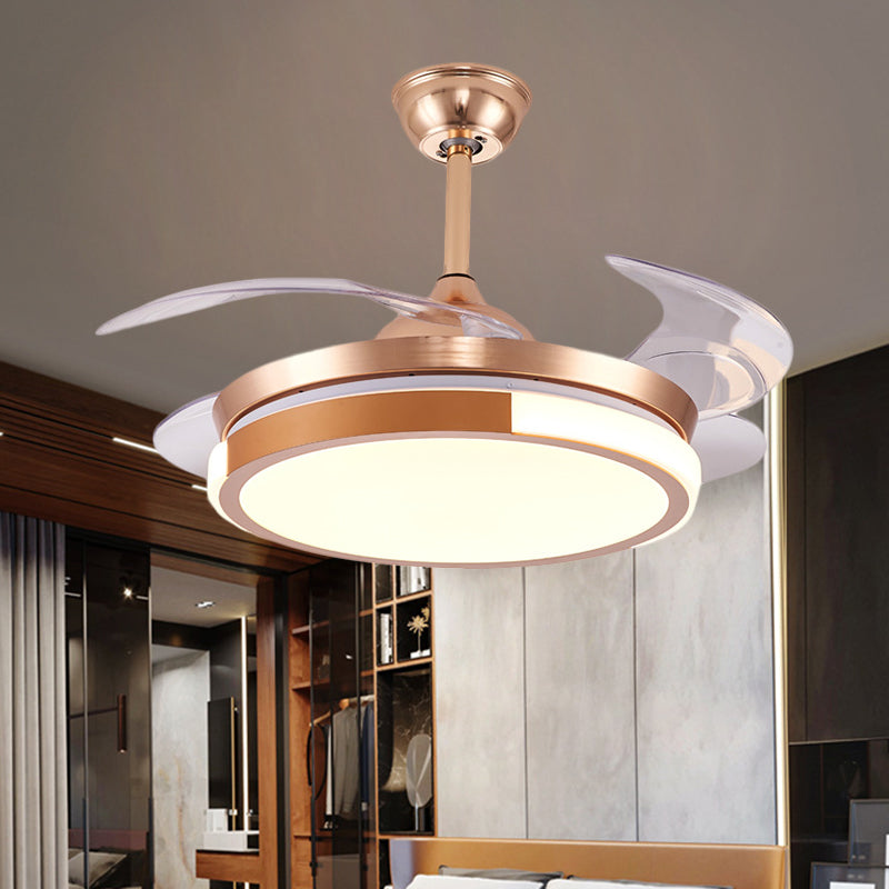 Modernist Round Hanging Fan Light Metallic Living Room LED Semi Flush Mount in Brown/White/Gold with 4 Blades, 42" Wide Clearhalo 'Ceiling Fans with Lights' 'Ceiling Fans' 'Modern Ceiling Fans' 'Modern' Lighting' 1392484
