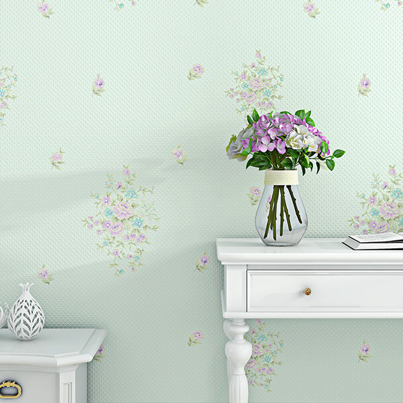 Countryside Floweret Wallpaper for Bedroom 54.2-sq ft Wall Decor in Pastel Color Turquoise Clearhalo 'Country wall decor' 'Rustic' 'Wallpaper' Wall Decor' 1392661
